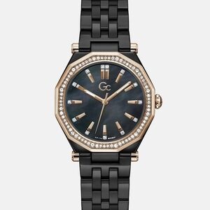 GC Black and Gold Watch with Crystal Accents
